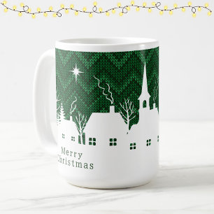 Rustikales grünes Weihnachtsdorf Chevron Strickmus Kaffeetasse
