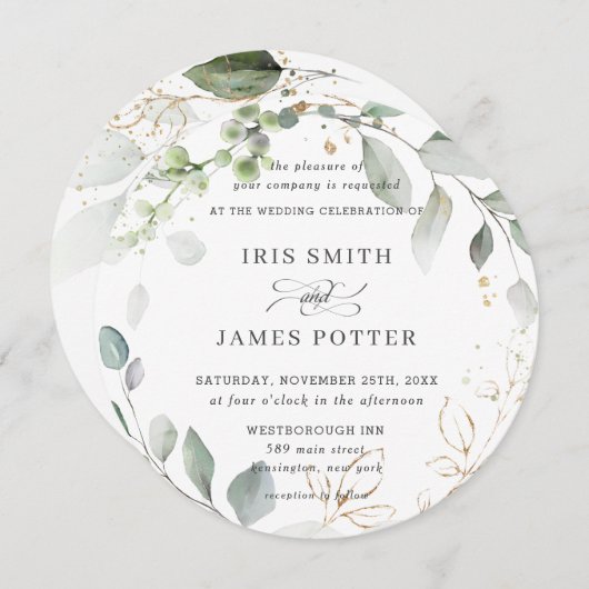 Rustikales Grünfolien Blätter Wreath Gold Hochzeit Einladung (Vorne/Hinten)