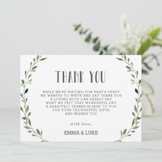 Rustikales Grünfutter Kinderdusche Geschlecht Neut Dankeskarte (Stehend Vorderseite)