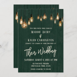 Rustikales Grünholz Edison Lights Typografy Weddin Einladung