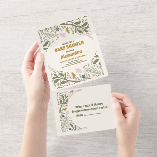 Rustikales Grünholz Fern Baby Dusche All In One Einladung (Abreißen)