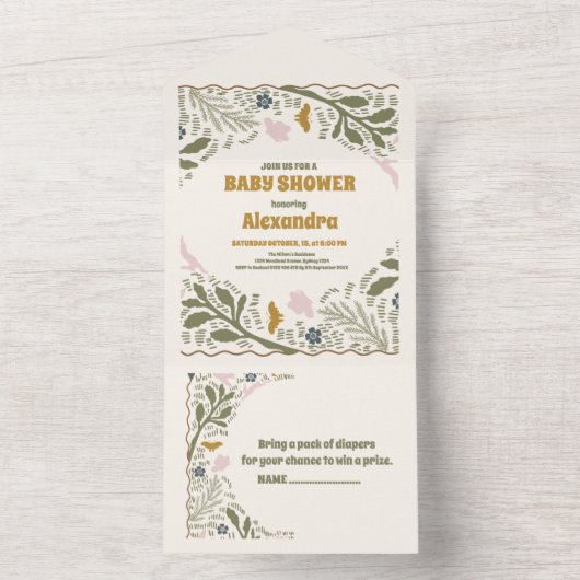 Rustikales Grünholz Fern Baby Dusche All In One Einladung (Innen Boden)