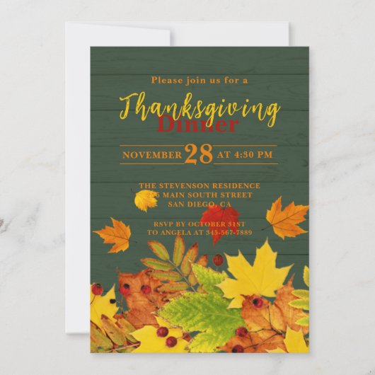 Rustikales Grünholz Herbst hinterlässt Erntedank Einladung (Vorderseite)