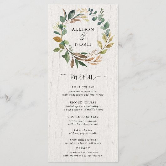 Rustikales Grünpflanzen botanisches Hochzeitsmenü Programm (Vorderseite)