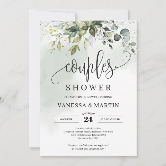 Rustikales Grünpflanzen Eukalyptus Paare Dusche Einladung (Vorderseite)