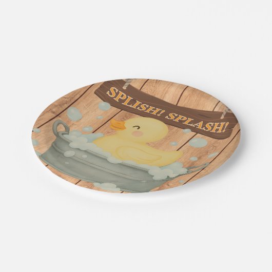 Rustikales Gummi Ducky Bubbles Baby Dusche Pappteller (Schrägansicht)