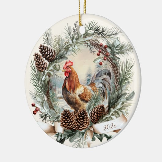 Rustikales Hahntier Weihnachtskiefer Keramik Ornament (Links)