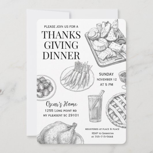 Rustikales, handGezeichnet Erntedank Dinner Einladung (Vorderseite)