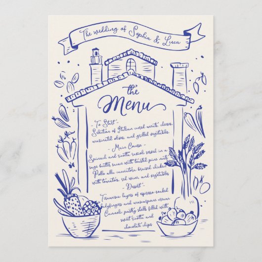 Rustikales, handgezeichnetes italienisches Hochzei Menükarte (Vorderseite)