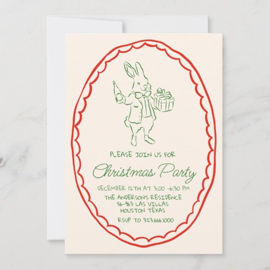 Rustikales Handgezeichnetes Rotweihrabbit-Party Einladung (Vorderseite)