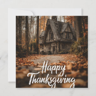 Rustikales "Happy Thanksgiving" mit Herbst-Hütte Feiertagskarte