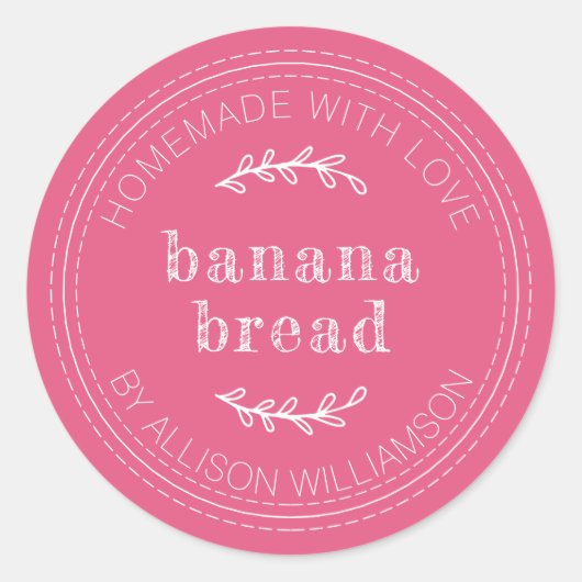 Rustikales, hausgemachtes Bananenbrot in rosa Runder Aufkleber (Vorderseite)