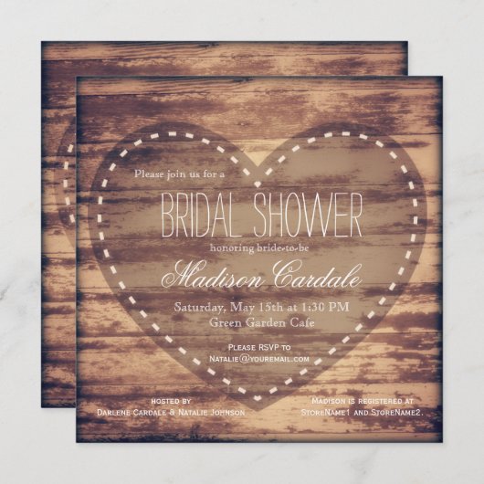 Rustikales Heart Barn Wood Brautparty lädt ein Einladung (Vorne/Hinten)