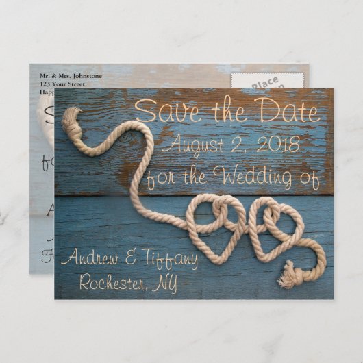 Rustikales Heart Rope Wedding Save the Date Ankündigungspostkarte (Vorne/Hinten)