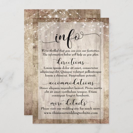 Rustikales hellbraunes Holz mit Licht, Hochzeitsin Begleitkarte (Vorne/Hinten)