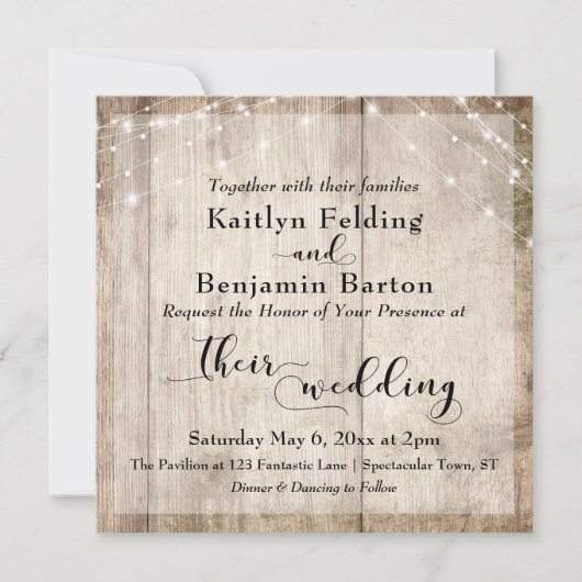 Rustikales hellbraunes Holz und weiße Lichter Hoch Einladung (Vorderseite)