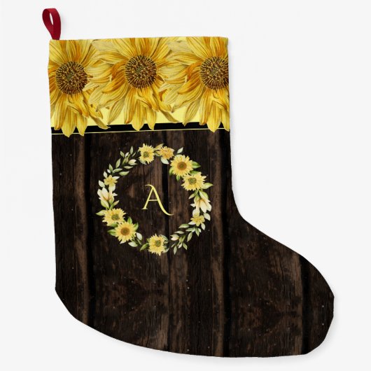 Rustikales, hellgelbes Sonnenblumenmonogramm Großer Weihnachtsstrumpf (Vorderseite)