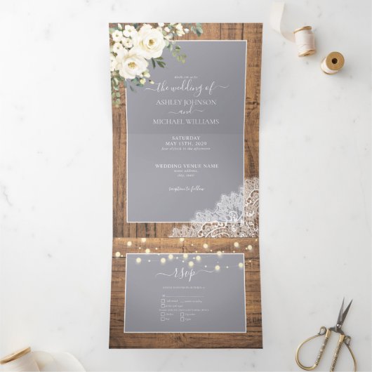 Rustikales hellgraues Foto Dreifach Gefaltete Einladung (Innenseite)