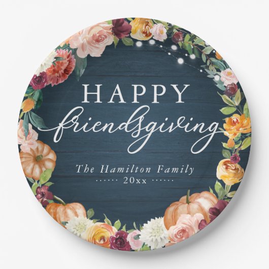Rustikales Herbst-Blumen-Friendsgiving-Dinner Pappteller (Vorderseite)