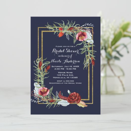 Rustikales Herbst Marsala Floral Navy Gold Brautpa Einladung (Stehend Vorderseite)