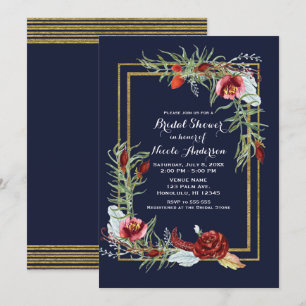 Rustikales Herbst Marsala Floral Navy Gold Brautpa Einladung
