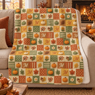 Rustikales Herbst-Patchwork-Kürbis-Monogramm Sherpadecke