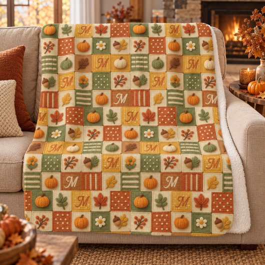 Rustikales Herbst-Patchwork-Kürbis-Monogramm Sherpadecke