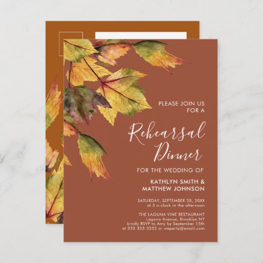 Rustikales Herbstblatt Hochzeit Probe Dinner Einladungspostkarte (Vorne/Hinten)