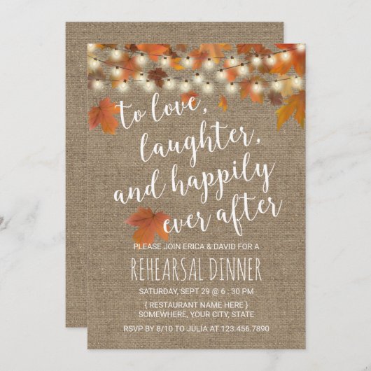 Rustikales Herbstessen führt Burlap-Probe-Dinner Einladung (Vorne/Hinten)