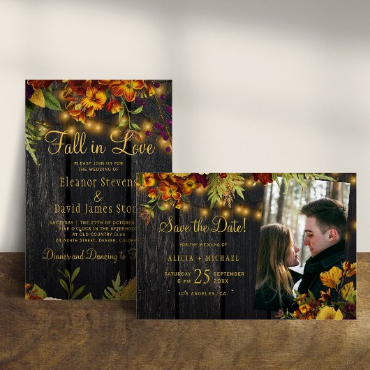 Rustikales Herbstfest mit Blumenholz Foto Hochzeit Save The Date