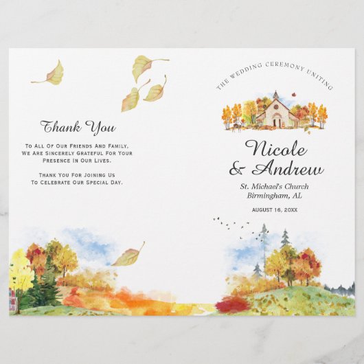 Rustikales Herbstkapellen-Hochzeitsprogramm (Vorderseite)