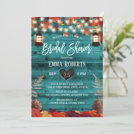 Rustikales Herbstleaves Lantern Aquamarines Brautp Einladung (Stehend Vorderseite)