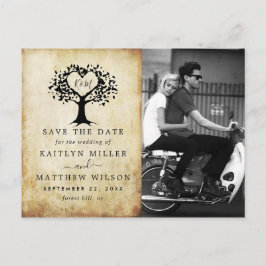 Rustikales Herz-Bäume Hochzeit Foto Save the Date Ankündigungspostkarte