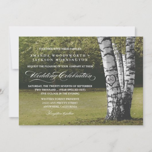 Rustikales Herz Birch Tree Hochzeitseinladungen Einladung (Vorderseite)