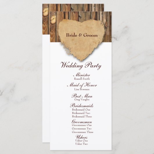 Rustikales Herz-Holz-Hochzeitsprogramm Programm (Vorne/Hinten)
