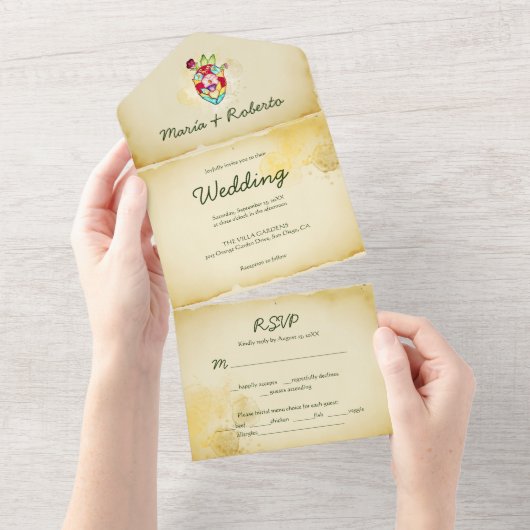 Rustikales Herz in einer mexikanischen Hochzeitsve All In One Einladung (Abreißen)