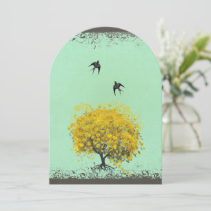 Rustikales Herz Leaf Mustard Birds Wedites Einladung