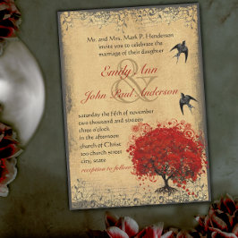 Rustikales Herz Leaf Red Tree Love Bird Wedding Einladung