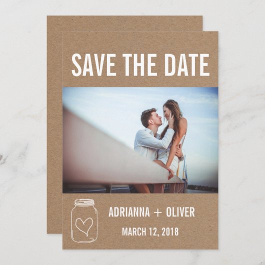 Rustikales Herz Mason Jar Save the Date Couple Fot (Vorne/Hinten)