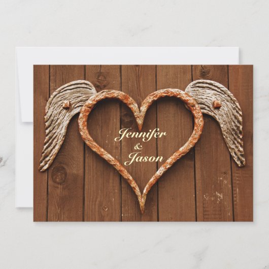 Rustikales Herz mit Wings Wood Wedding Einladungen (Vorderseite)