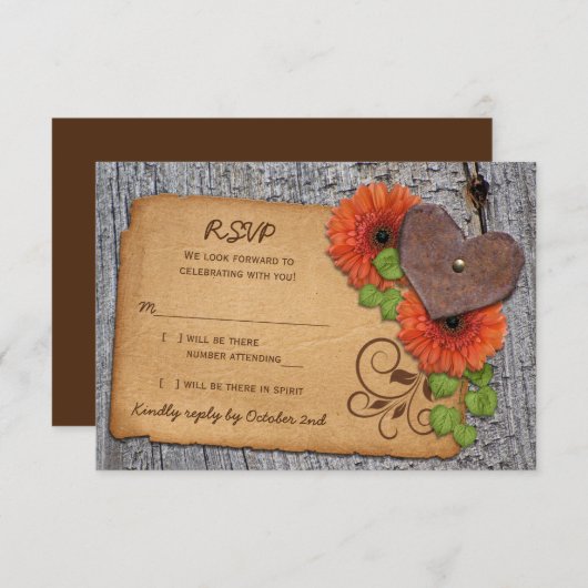 Rustikales Herz Orange Daisy Country Wedding UAWG RSVP Karte (Vorne/Hinten)