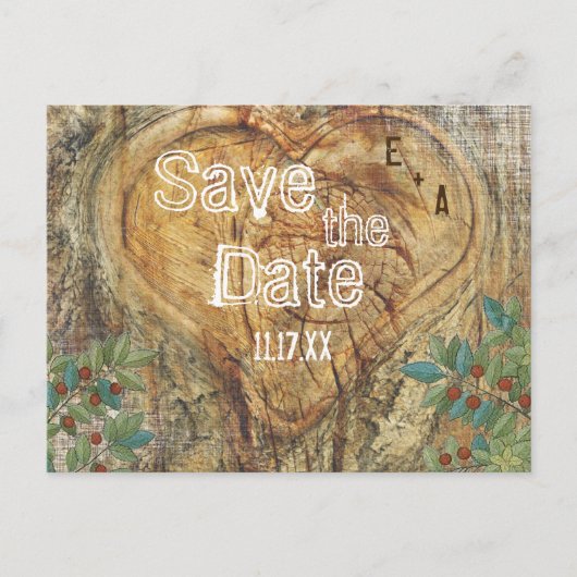 Rustikales Herz Save the Date in Tree Trunk Ankündigungspostkarte (Vorderseite)