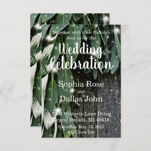 Rustikales Hinterhofholz und Salbei Hochzeit Einladung (Vorne/Hinten)
