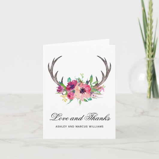 Rustikales Hirsch Antlers Boho Floral Dankeskarte (Vorderseite)