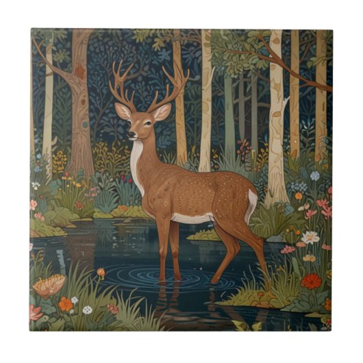 Rustikales Hirsch-Boho-Wald-Design Fliese (Vorderseite)