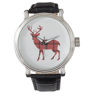 Rustikales Hirsch-Rotes und Kariertes Tartan-Muste Armbanduhr