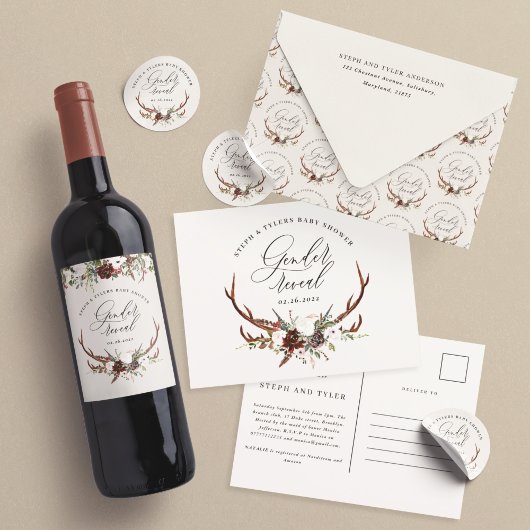 Rustikales Hirschblütengeschlecht zeigt Babydusche Weinetikett