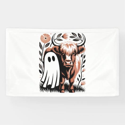 Rustikales Hochland-Kuh Ghost Halloween Banner (Horizontal)