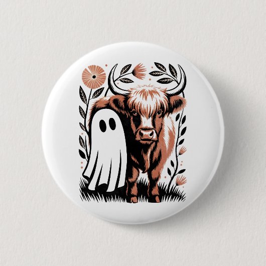 Rustikales Hochland-Kuh Ghost Halloween Button (Vorderseite)