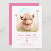 Rustikales Hochland Kuh Rosa Party Geburtstag Einladung (Vorne/Hinten)